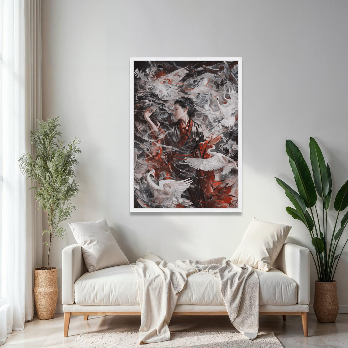 Elegant Geisha with Cranes, Asian Inspired Canvas Wall Art, Japanese Kimono Painting, Mystical Bird Scene, Gift Art, Home Decor, Print