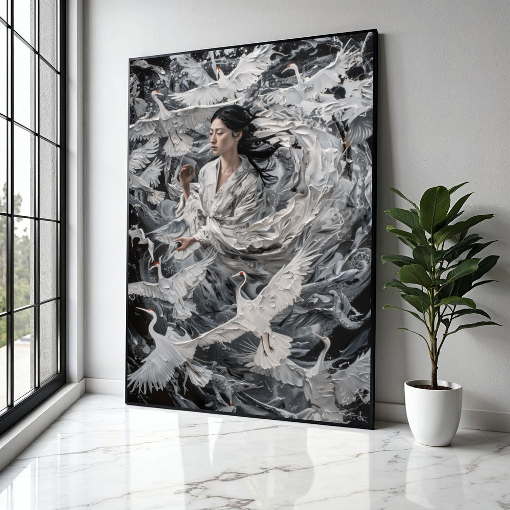 Serene Asian Woman with Cranes, White Birds in Flight Canvas, Elegant Nature Wall Art, Tranquil Home Decoration, Gift Art, Home Decor, Print