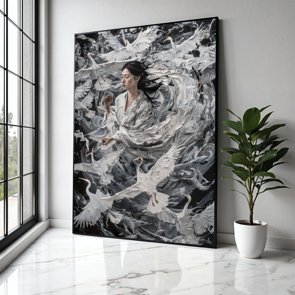 Serene Asian Woman with Cranes, White Birds in Flight Canvas, Elegant Nature Wall Art, Tranquil Home Decoration, Gift Art, Home Decor, Print
