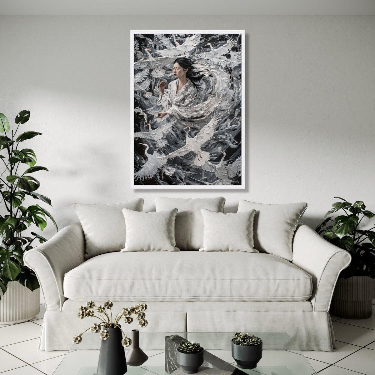 Serene Asian Woman with Cranes, White Birds in Flight Canvas, Elegant Nature Wall Art, Tranquil Home Decoration, Gift Art, Home Decor, Print