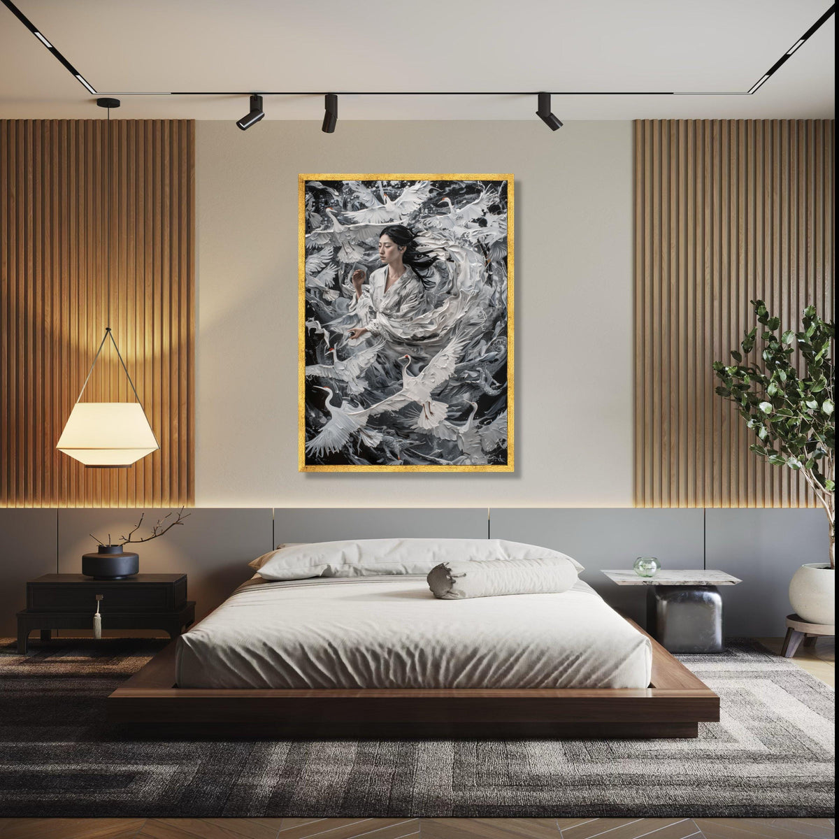 Serene Asian Woman with Cranes, White Birds in Flight Canvas, Elegant Nature Wall Art, Tranquil Home Decoration, Gift Art, Home Decor, Print