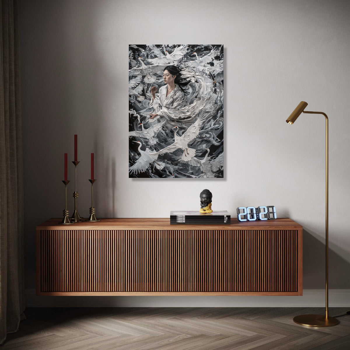Serene Asian Woman with Cranes, White Birds in Flight Canvas, Elegant Nature Wall Art, Tranquil Home Decoration, Gift Art, Home Decor, Print