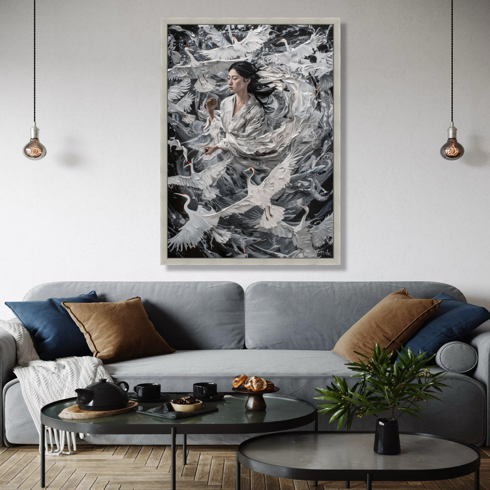 Serene Asian Woman with Cranes, White Birds in Flight Canvas, Elegant Nature Wall Art, Tranquil Home Decoration, Gift Art, Home Decor, Print