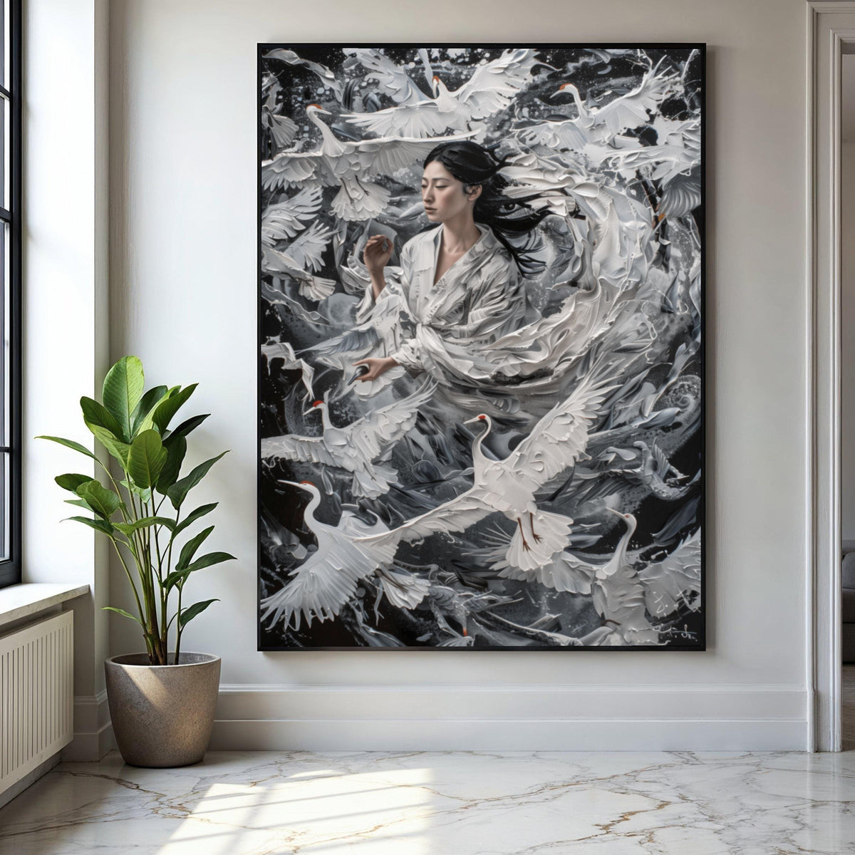 Serene Asian Woman with Cranes, White Birds in Flight Canvas, Elegant Nature Wall Art, Tranquil Home Decoration, Gift Art, Home Decor, Print