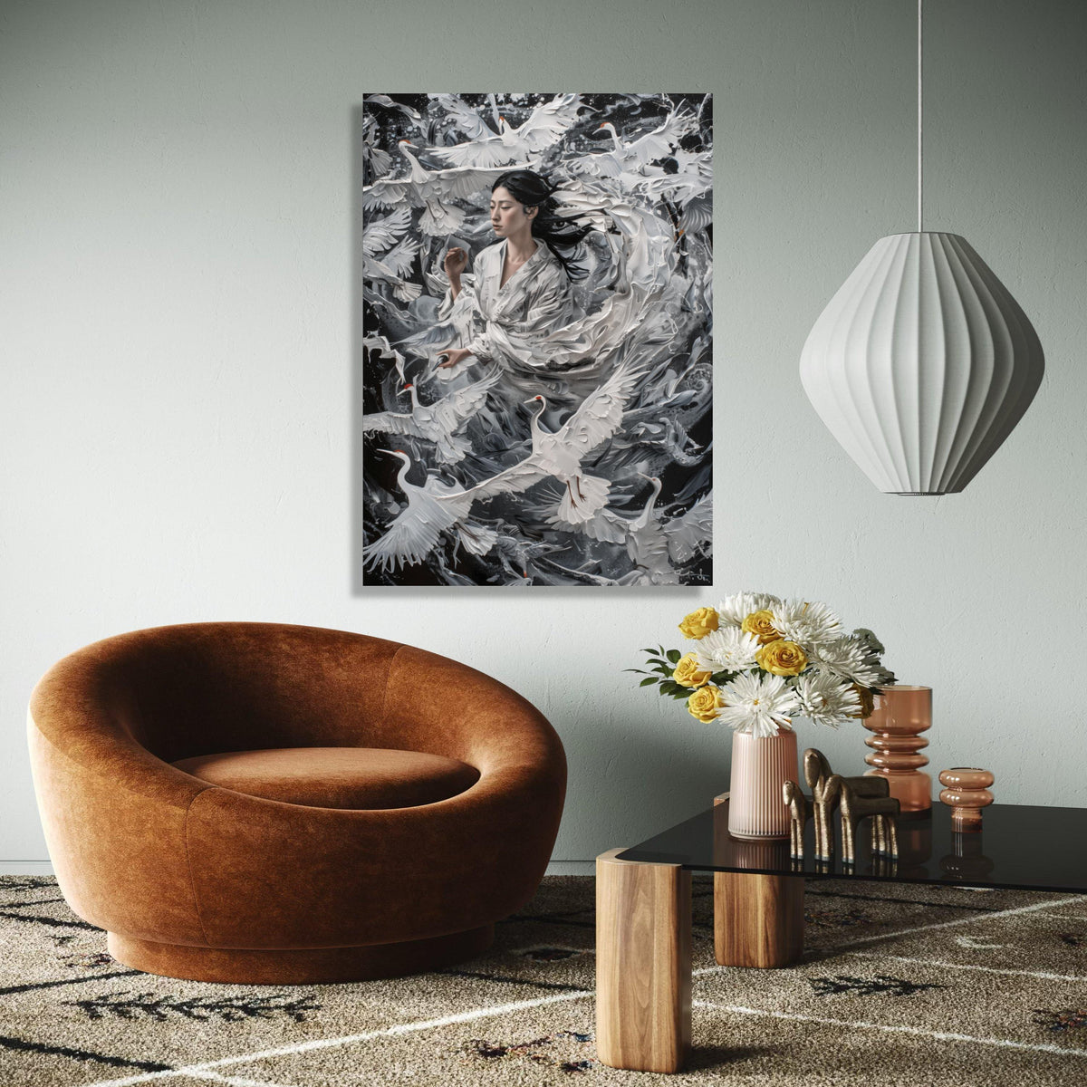 Serene Asian Woman with Cranes, White Birds in Flight Canvas, Elegant Nature Wall Art, Tranquil Home Decoration, Gift Art, Home Decor, Print
