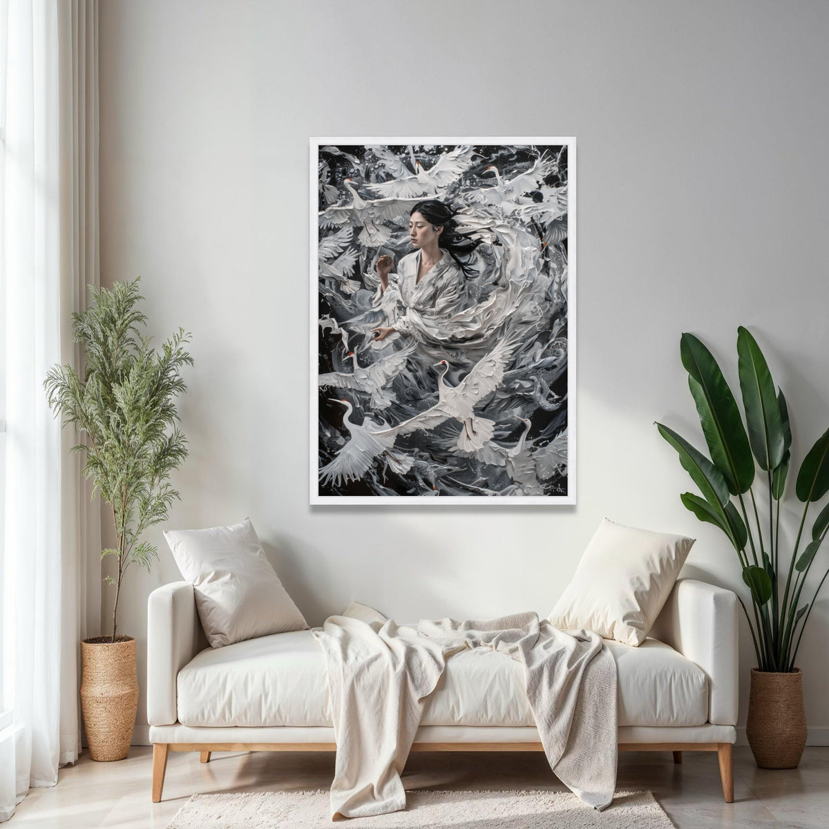 Serene Asian Woman with Cranes, White Birds in Flight Canvas, Elegant Nature Wall Art, Tranquil Home Decoration, Gift Art, Home Decor, Print