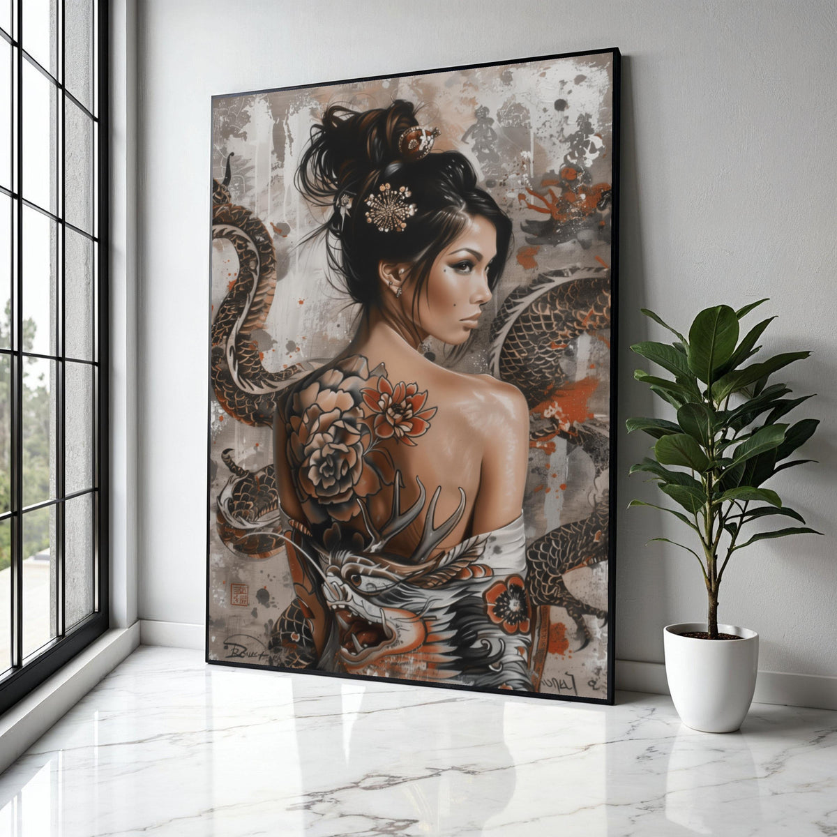 Asian Woman Portrait Canvas, Tattoo Art Wall Decor, Dragon and Floral Back Tattoo, Oriental Style Canvas, Modern Gift Art, Home Decor, Print