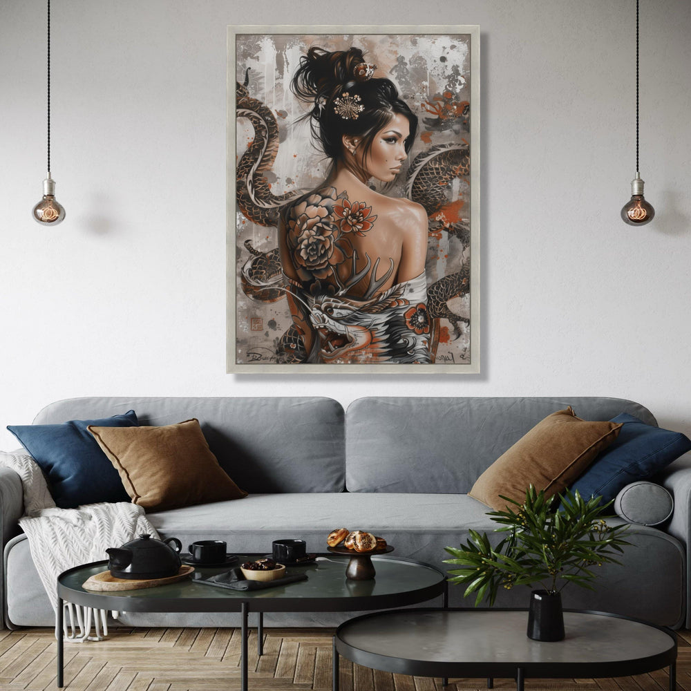 Asian Woman Portrait Canvas, Tattoo Art Wall Decor, Dragon and Floral Back Tattoo, Oriental Style Canvas, Modern Gift Art, Home Decor, Print