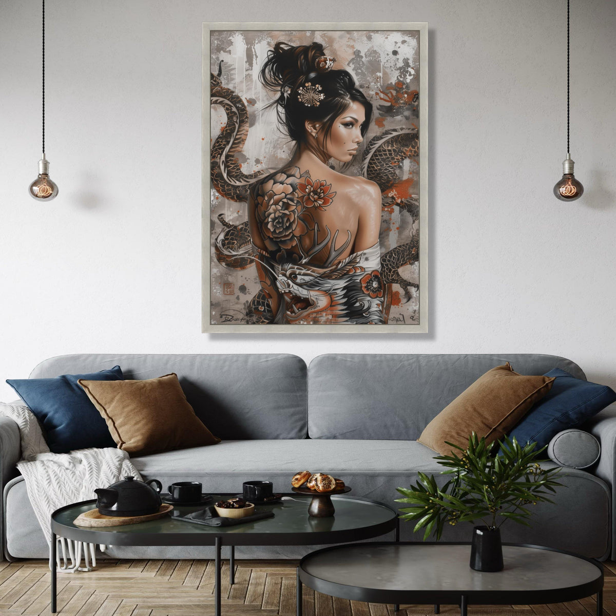 Asian Woman Portrait Canvas, Tattoo Art Wall Decor, Dragon and Floral Back Tattoo, Oriental Style Canvas, Modern Gift Art, Home Decor, Print