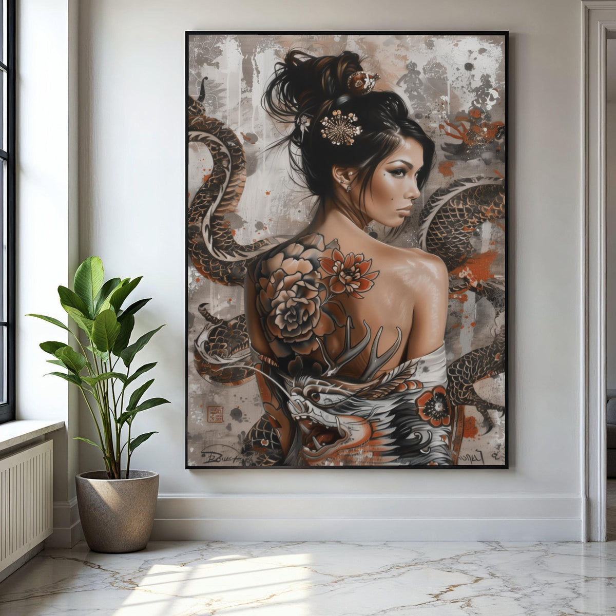 Asian Woman Portrait Canvas, Tattoo Art Wall Decor, Dragon and Floral Back Tattoo, Oriental Style Canvas, Modern Gift Art, Home Decor, Print