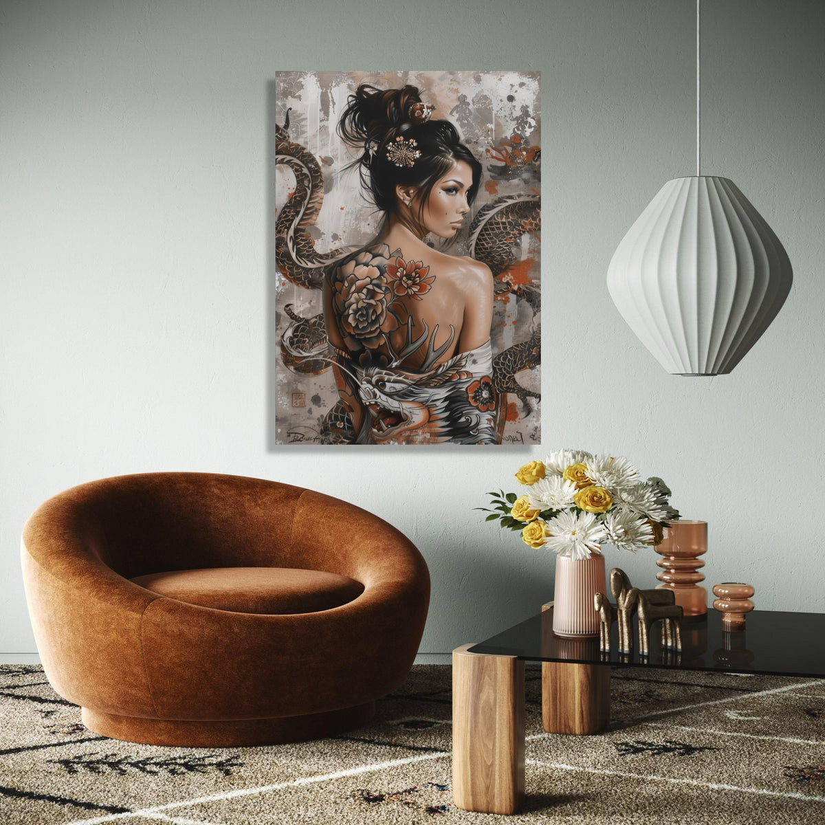 Asian Woman Portrait Canvas, Tattoo Art Wall Decor, Dragon and Floral Back Tattoo, Oriental Style Canvas, Modern Gift Art, Home Decor, Print