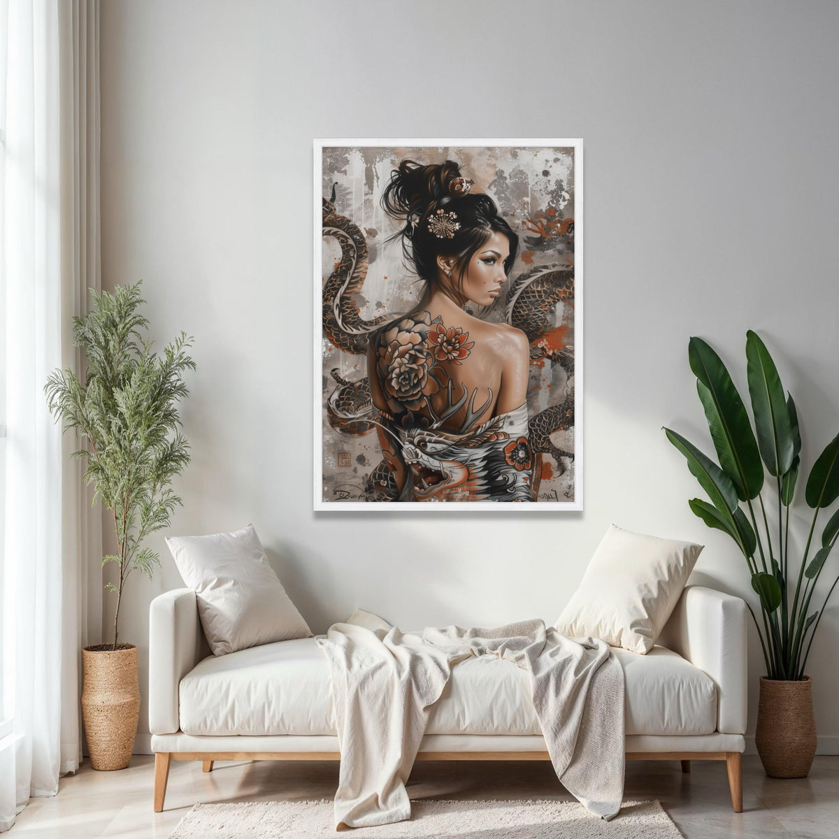 Asian Woman Portrait Canvas, Tattoo Art Wall Decor, Dragon and Floral Back Tattoo, Oriental Style Canvas, Modern Gift Art, Home Decor, Print