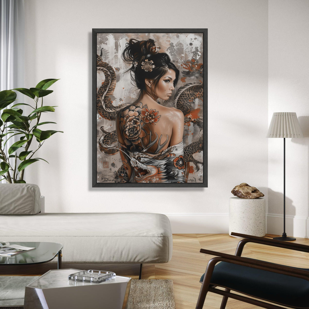 Asian Woman Portrait Canvas, Tattoo Art Wall Decor, Dragon and Floral Back Tattoo, Oriental Style Canvas, Modern Gift Art, Home Decor, Print