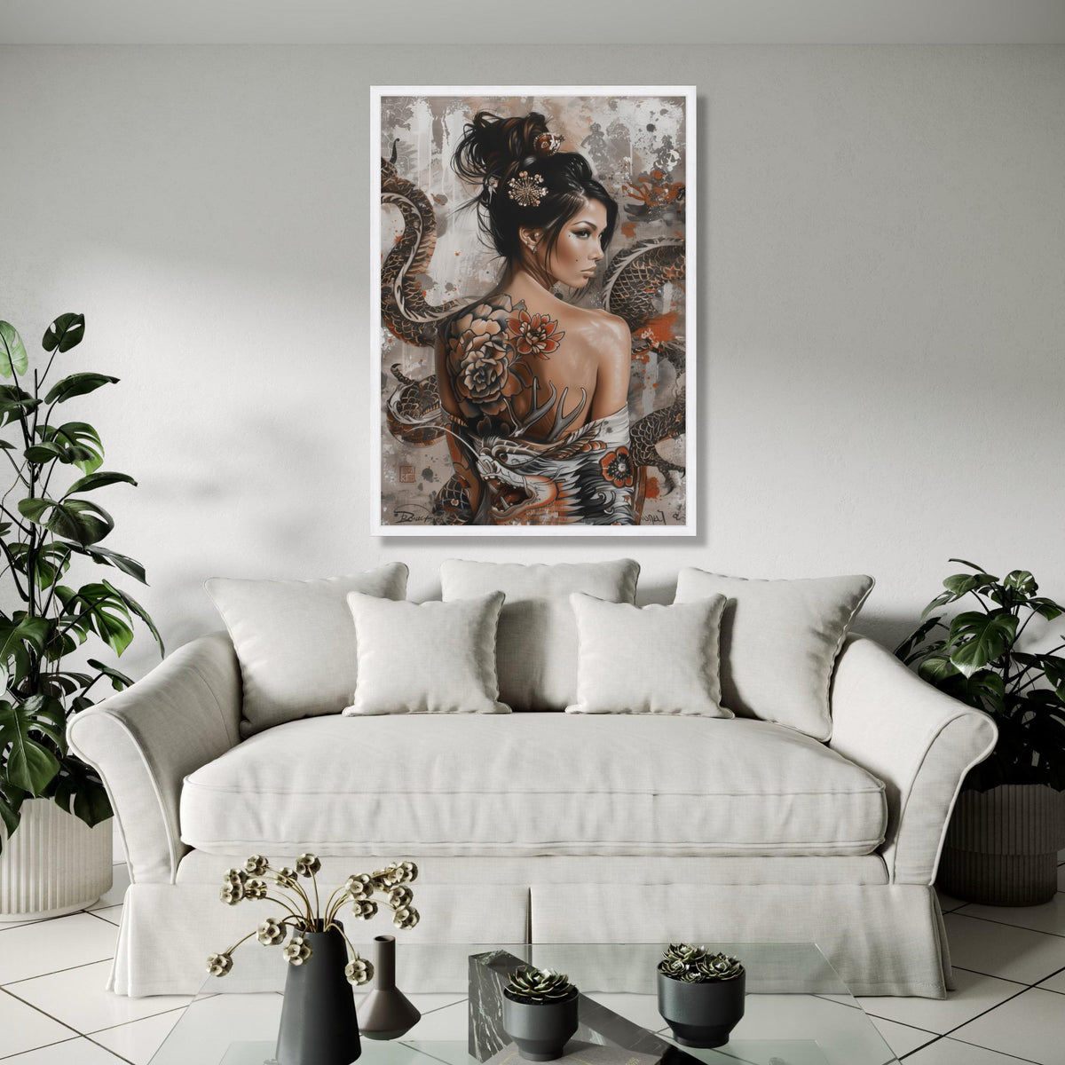 Asian Woman Portrait Canvas, Tattoo Art Wall Decor, Dragon and Floral Back Tattoo, Oriental Style Canvas, Modern Gift Art, Home Decor, Print