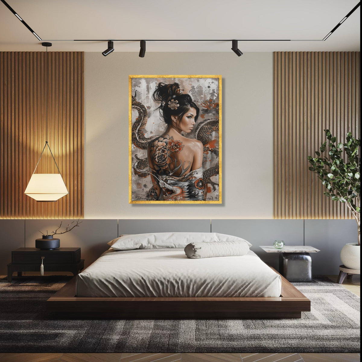 Asian Woman Portrait Canvas, Tattoo Art Wall Decor, Dragon and Floral Back Tattoo, Oriental Style Canvas, Modern Gift Art, Home Decor, Print