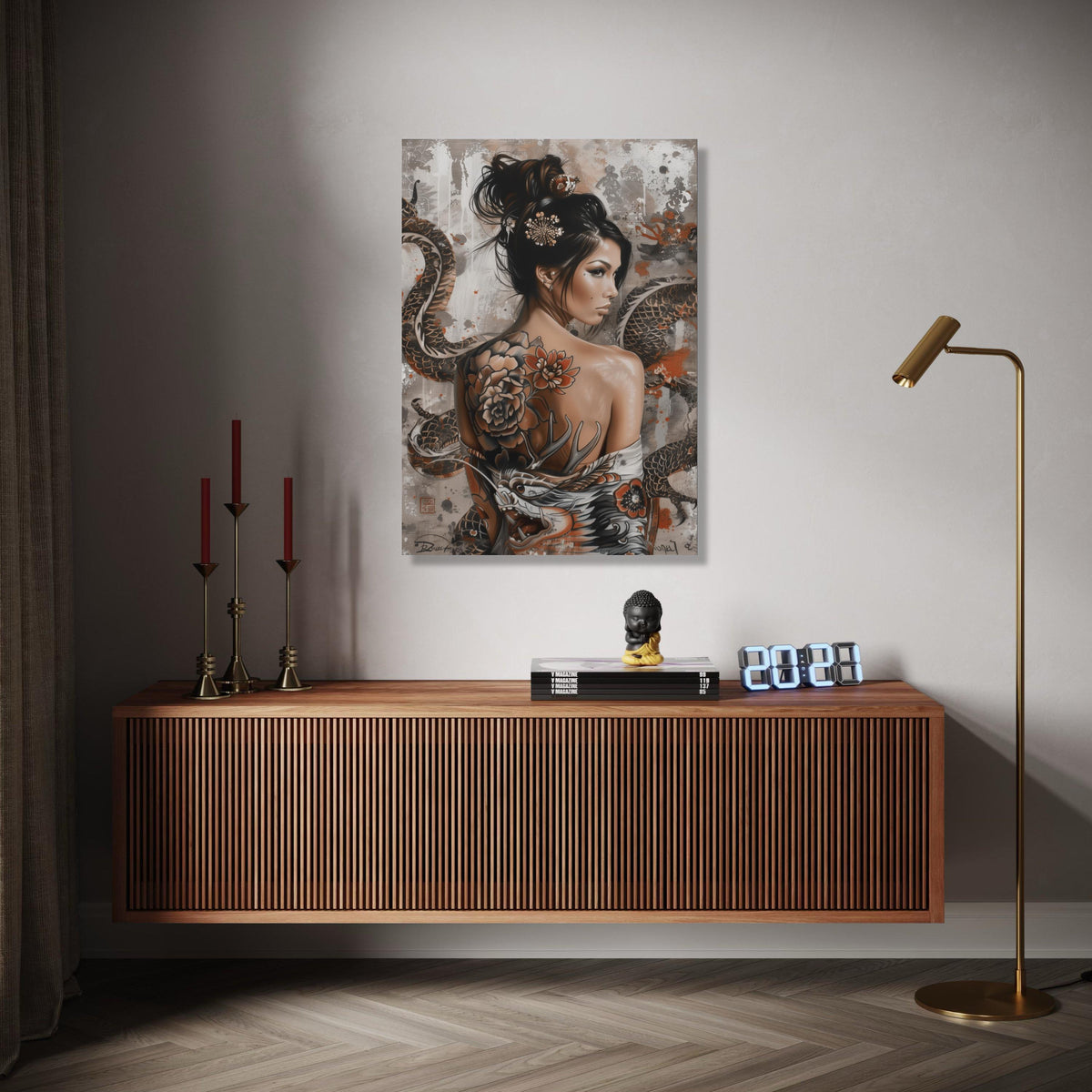 Asian Woman Portrait Canvas, Tattoo Art Wall Decor, Dragon and Floral Back Tattoo, Oriental Style Canvas, Modern Gift Art, Home Decor, Print