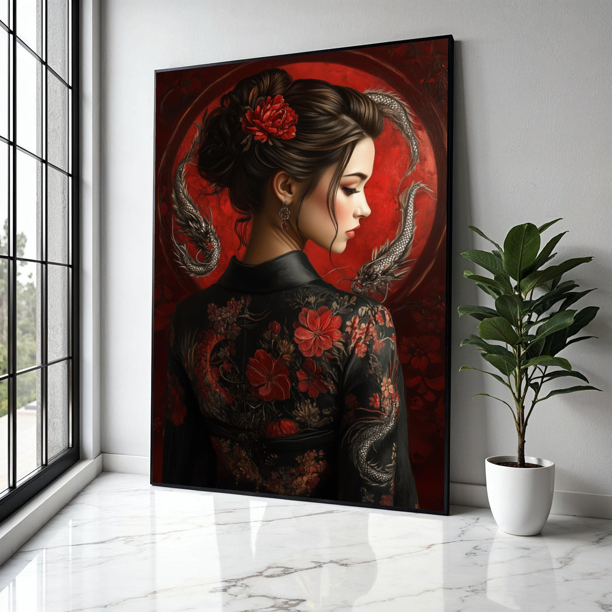 Elegant Asian Woman Portrait Canvas, Red Floral Kimono Wall Art, Traditional Japanese Style, Dragon Art Design, Gift Art, Home Decor, Print