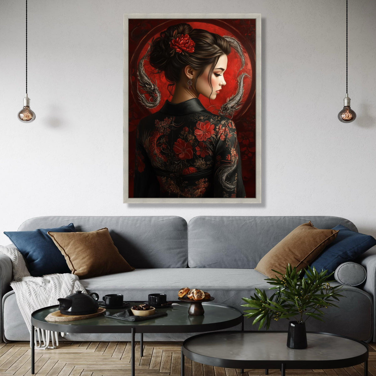 Elegant Asian Woman Portrait Canvas, Red Floral Kimono Wall Art, Traditional Japanese Style, Dragon Art Design, Gift Art, Home Decor, Print