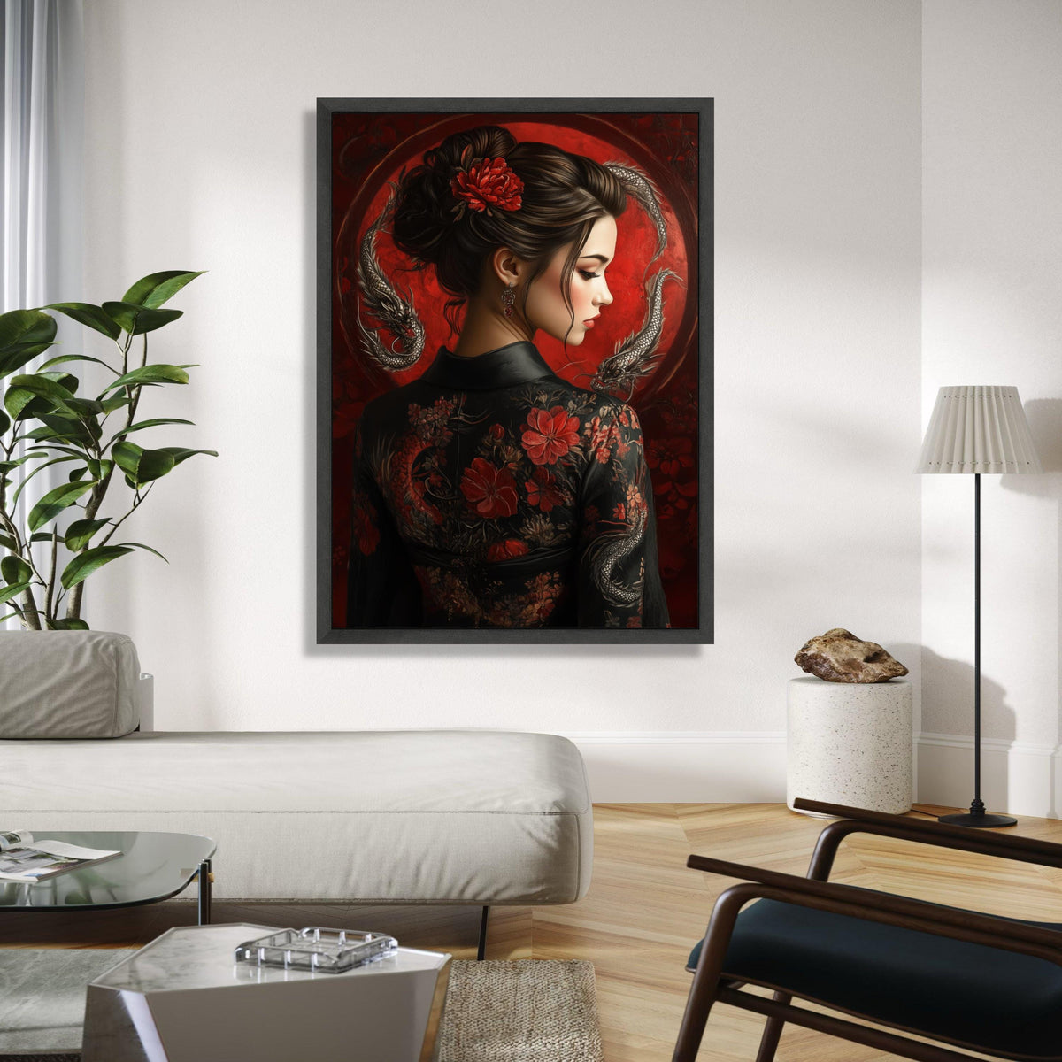 Elegant Asian Woman Portrait Canvas, Red Floral Kimono Wall Art, Traditional Japanese Style, Dragon Art Design, Gift Art, Home Decor, Print
