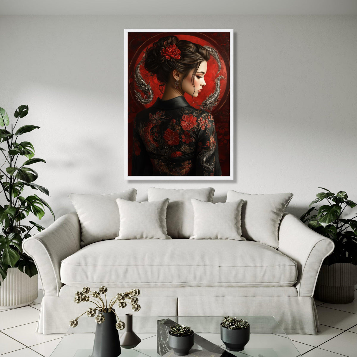Elegant Asian Woman Portrait Canvas, Red Floral Kimono Wall Art, Traditional Japanese Style, Dragon Art Design, Gift Art, Home Decor, Print