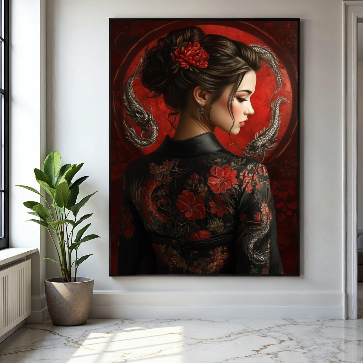 Elegant Asian Woman Portrait Canvas, Red Floral Kimono Wall Art, Traditional Japanese Style, Dragon Art Design, Gift Art, Home Decor, Print
