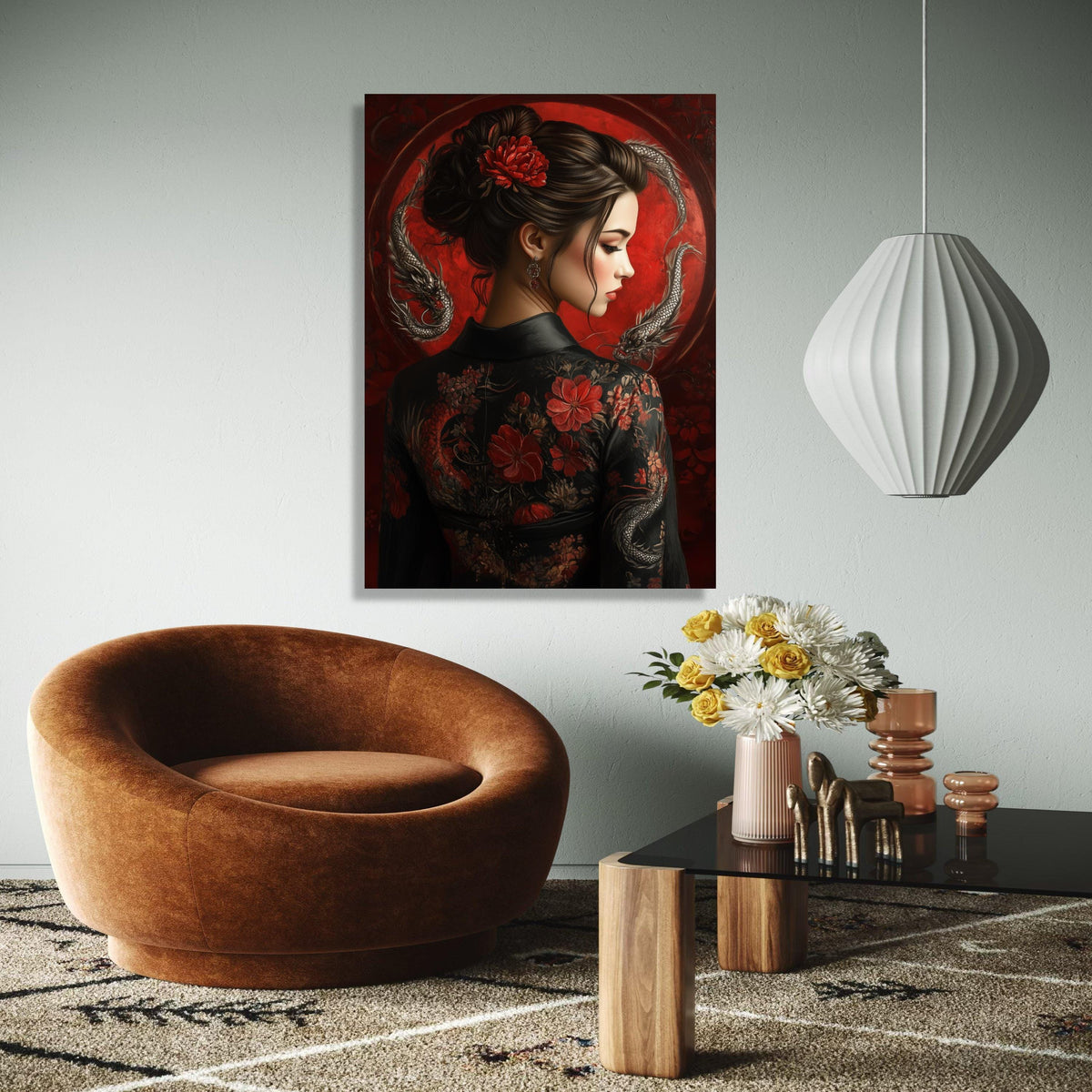 Elegant Asian Woman Portrait Canvas, Red Floral Kimono Wall Art, Traditional Japanese Style, Dragon Art Design, Gift Art, Home Decor, Print