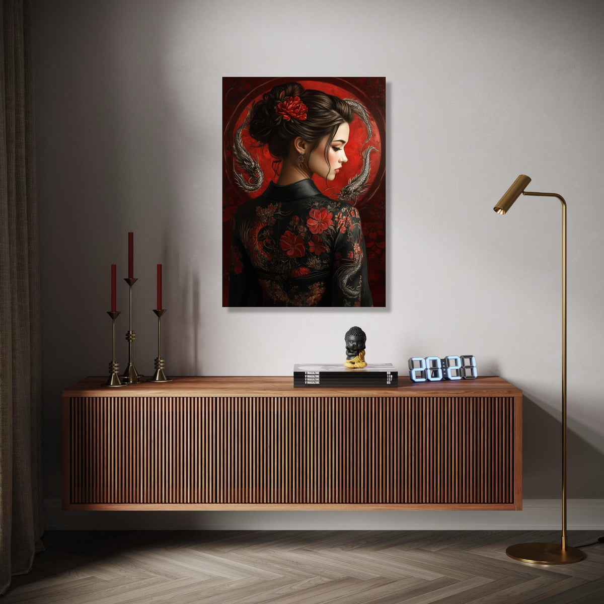 Elegant Asian Woman Portrait Canvas, Red Floral Kimono Wall Art, Traditional Japanese Style, Dragon Art Design, Gift Art, Home Decor, Print