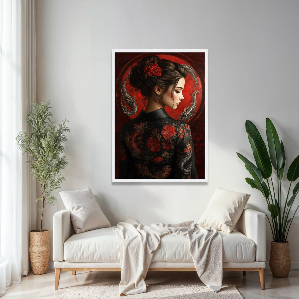 Elegant Asian Woman Portrait Canvas, Red Floral Kimono Wall Art, Traditional Japanese Style, Dragon Art Design, Gift Art, Home Decor, Print