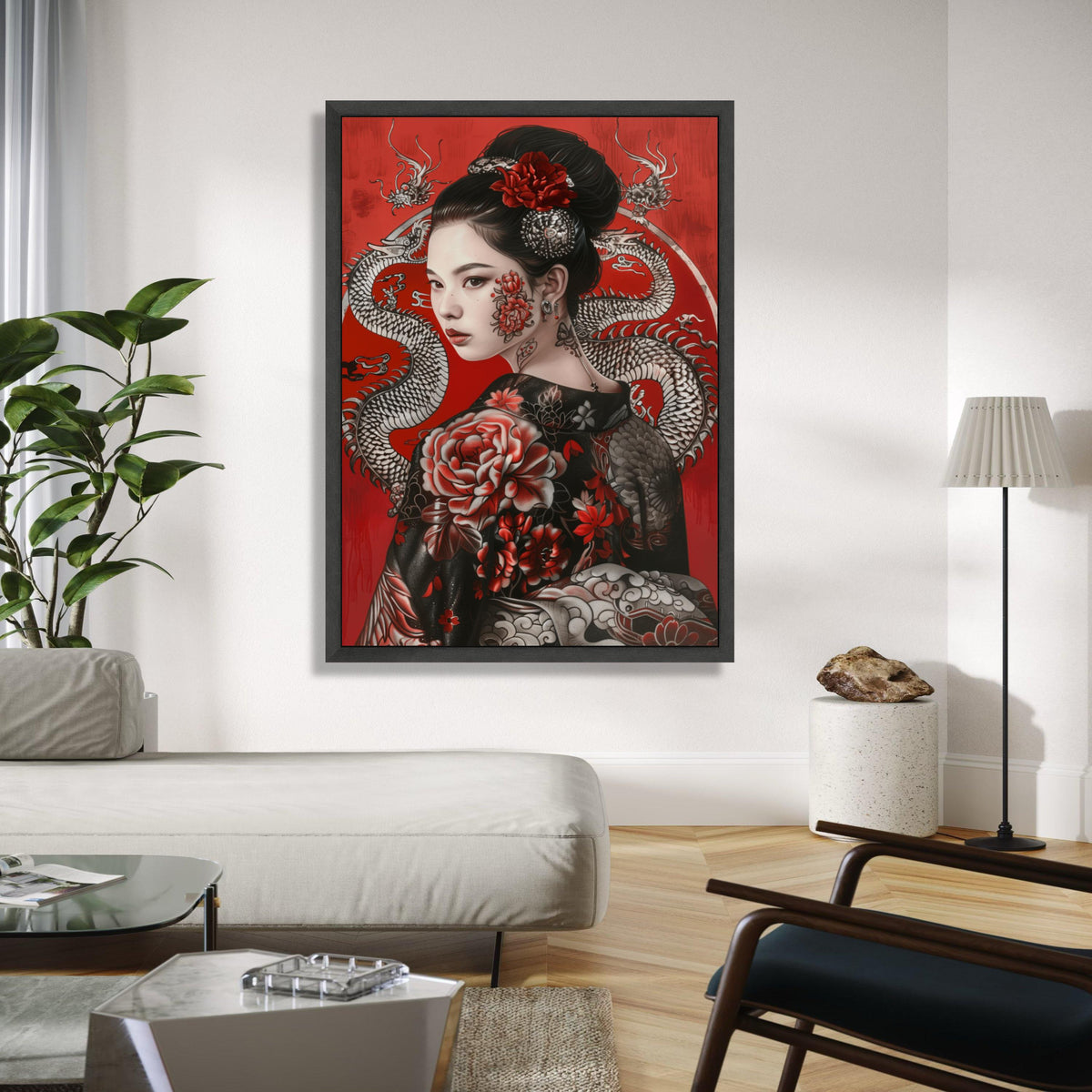 Elegant Geisha Portrait Canvas Wall Art, Asian Floral Tattoo Design, Red and Black Decorative Japanese Art, Gift Art, Home Decor, Print