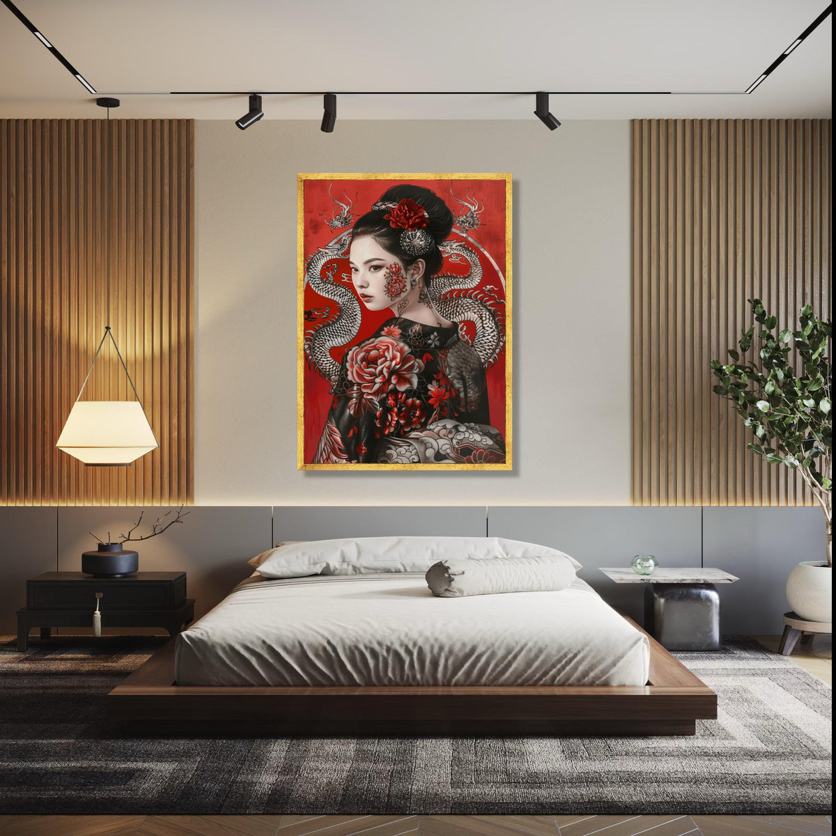 Elegant Geisha Portrait Canvas Wall Art, Asian Floral Tattoo Design, Red and Black Decorative Japanese Art, Gift Art, Home Decor, Print