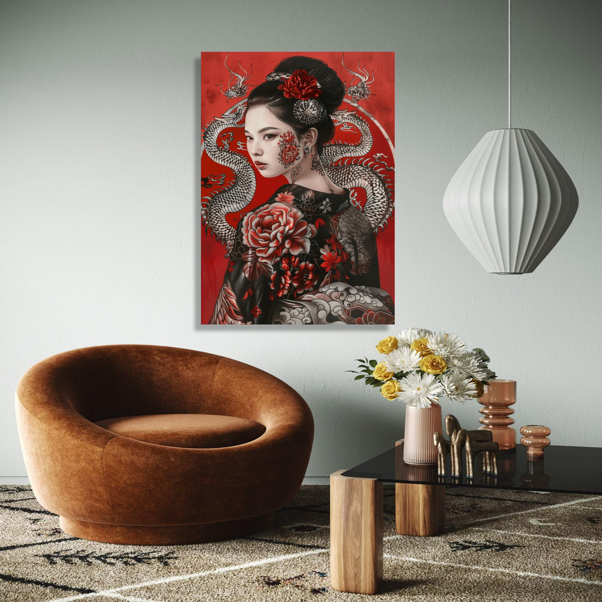 Elegant Geisha Portrait Canvas Wall Art, Asian Floral Tattoo Design, Red and Black Decorative Japanese Art, Gift Art, Home Decor, Print
