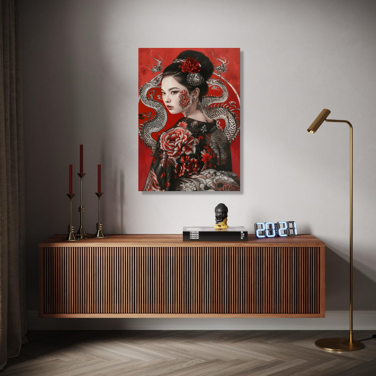 Elegant Geisha Portrait Canvas Wall Art, Asian Floral Tattoo Design, Red and Black Decorative Japanese Art, Gift Art, Home Decor, Print
