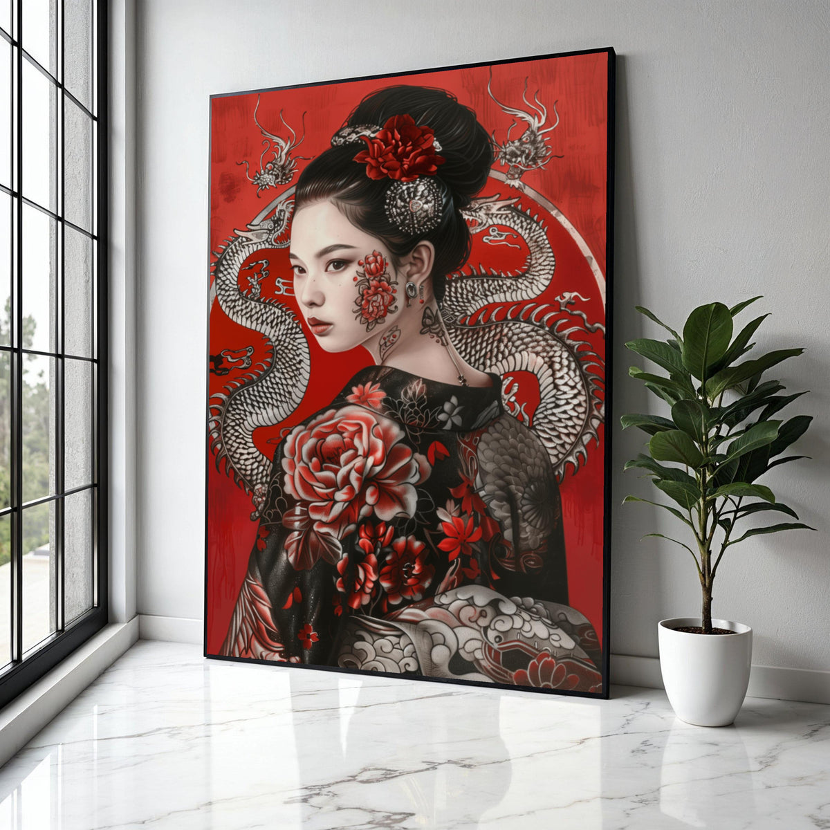 Elegant Geisha Portrait Canvas Wall Art, Asian Floral Tattoo Design, Red and Black Decorative Japanese Art, Gift Art, Home Decor, Print