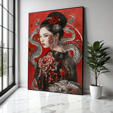 Elegant Geisha Portrait Canvas Wall Art, Asian Floral Tattoo Design, Red and Black Decorative Japanese Art, Gift Art, Home Decor, Print