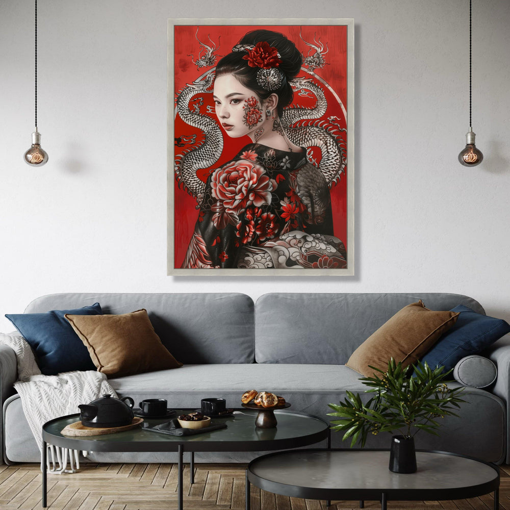 Elegant Geisha Portrait Canvas Wall Art, Asian Floral Tattoo Design, Red and Black Decorative Japanese Art, Gift Art, Home Decor, Print