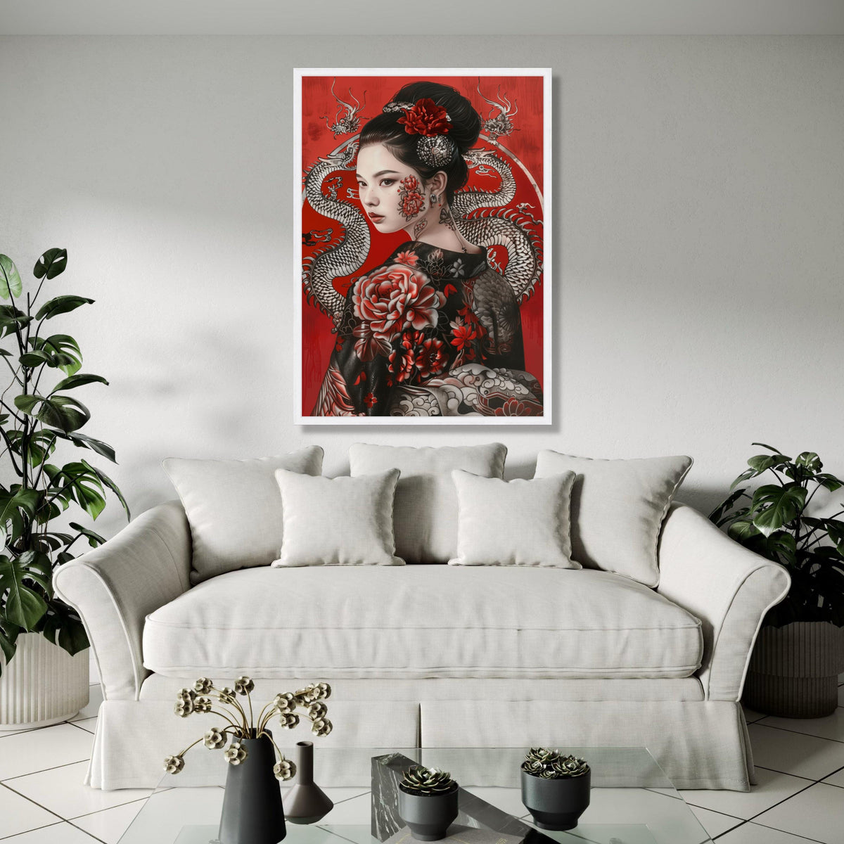 Elegant Geisha Portrait Canvas Wall Art, Asian Floral Tattoo Design, Red and Black Decorative Japanese Art, Gift Art, Home Decor, Print