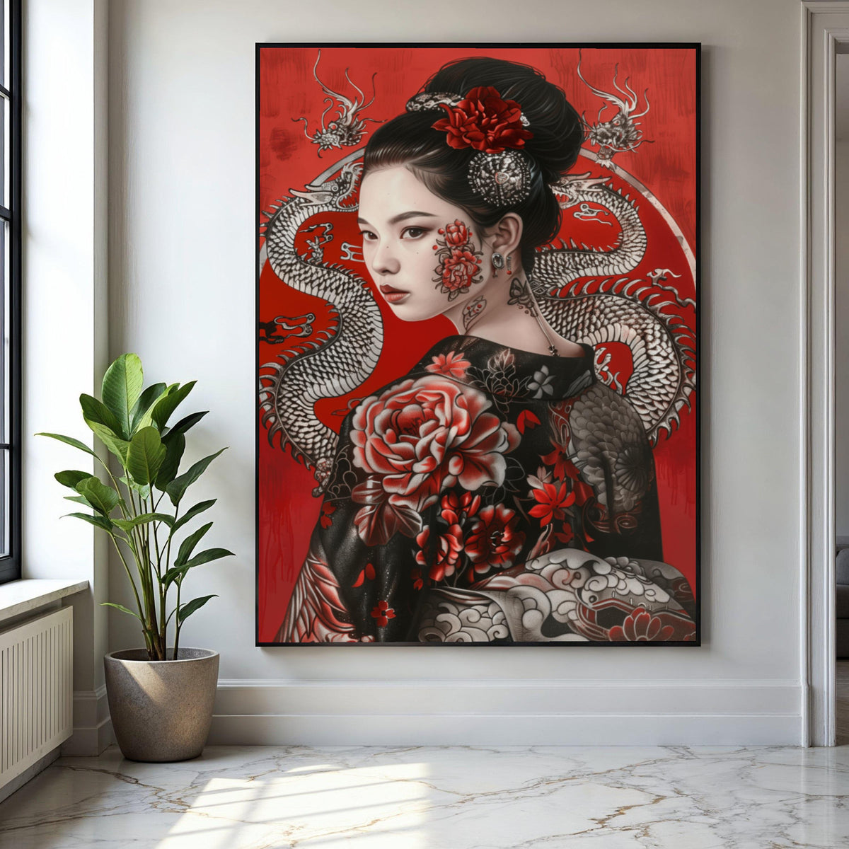 Elegant Geisha Portrait Canvas Wall Art, Asian Floral Tattoo Design, Red and Black Decorative Japanese Art, Gift Art, Home Decor, Print