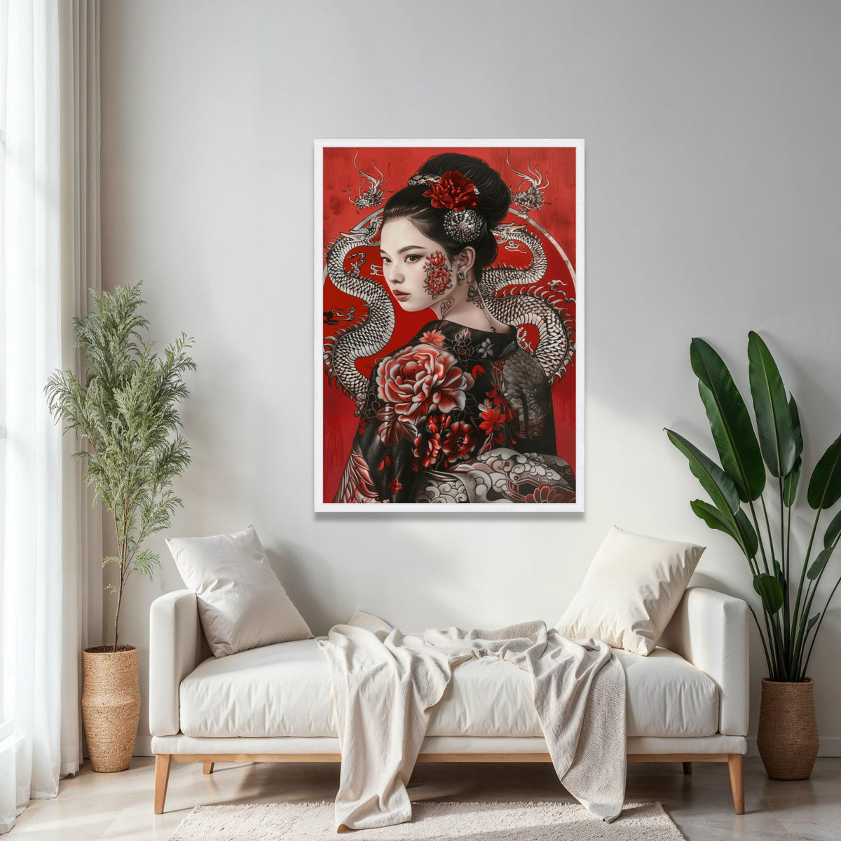 Elegant Geisha Portrait Canvas Wall Art, Asian Floral Tattoo Design, Red and Black Decorative Japanese Art, Gift Art, Home Decor, Print
