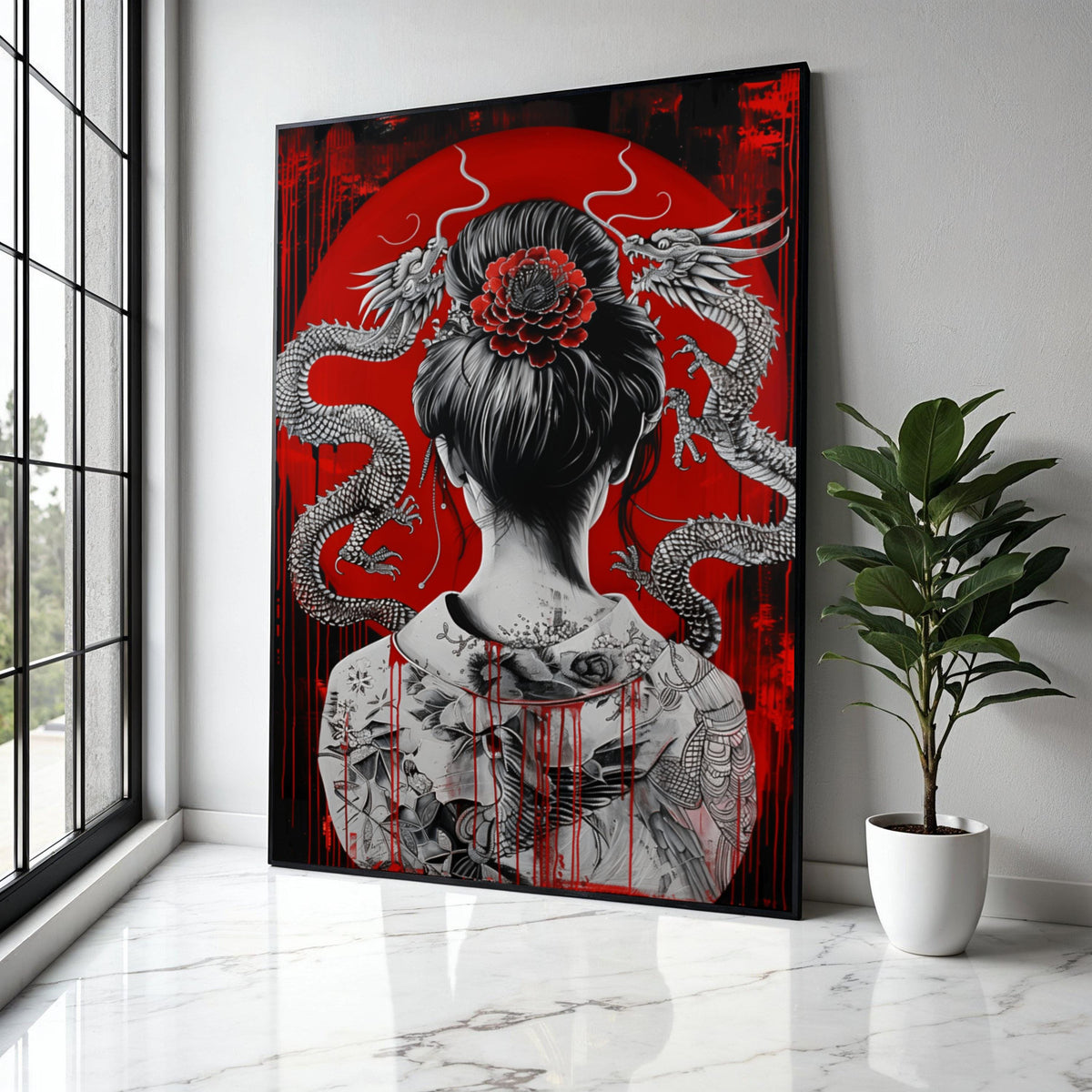 Intricate Japanese Geisha with Dragon Tattoo Canvas, Asian Art Wall Decor, Red and Black Oriental Canvas, Modern Gift Art, Home Decor, Print