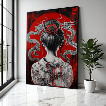 Intricate Japanese Geisha with Dragon Tattoo Canvas, Asian Art Wall Decor, Red and Black Oriental Canvas, Modern Gift Art, Home Decor, Print