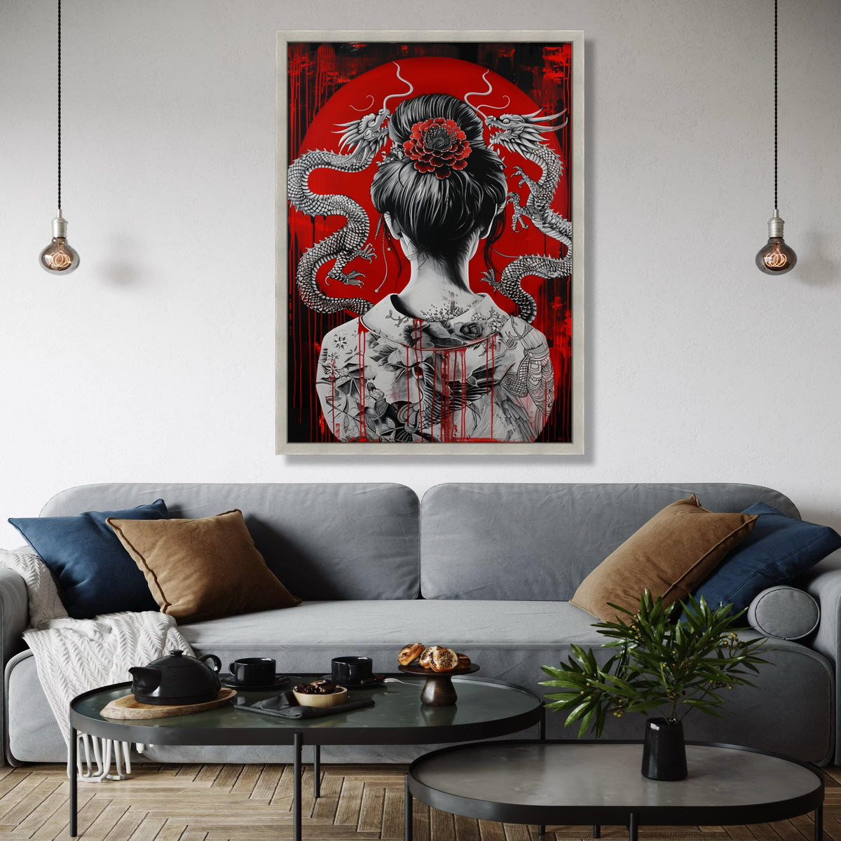 Intricate Japanese Geisha with Dragon Tattoo Canvas, Asian Art Wall Decor, Red and Black Oriental Canvas, Modern Gift Art, Home Decor, Print