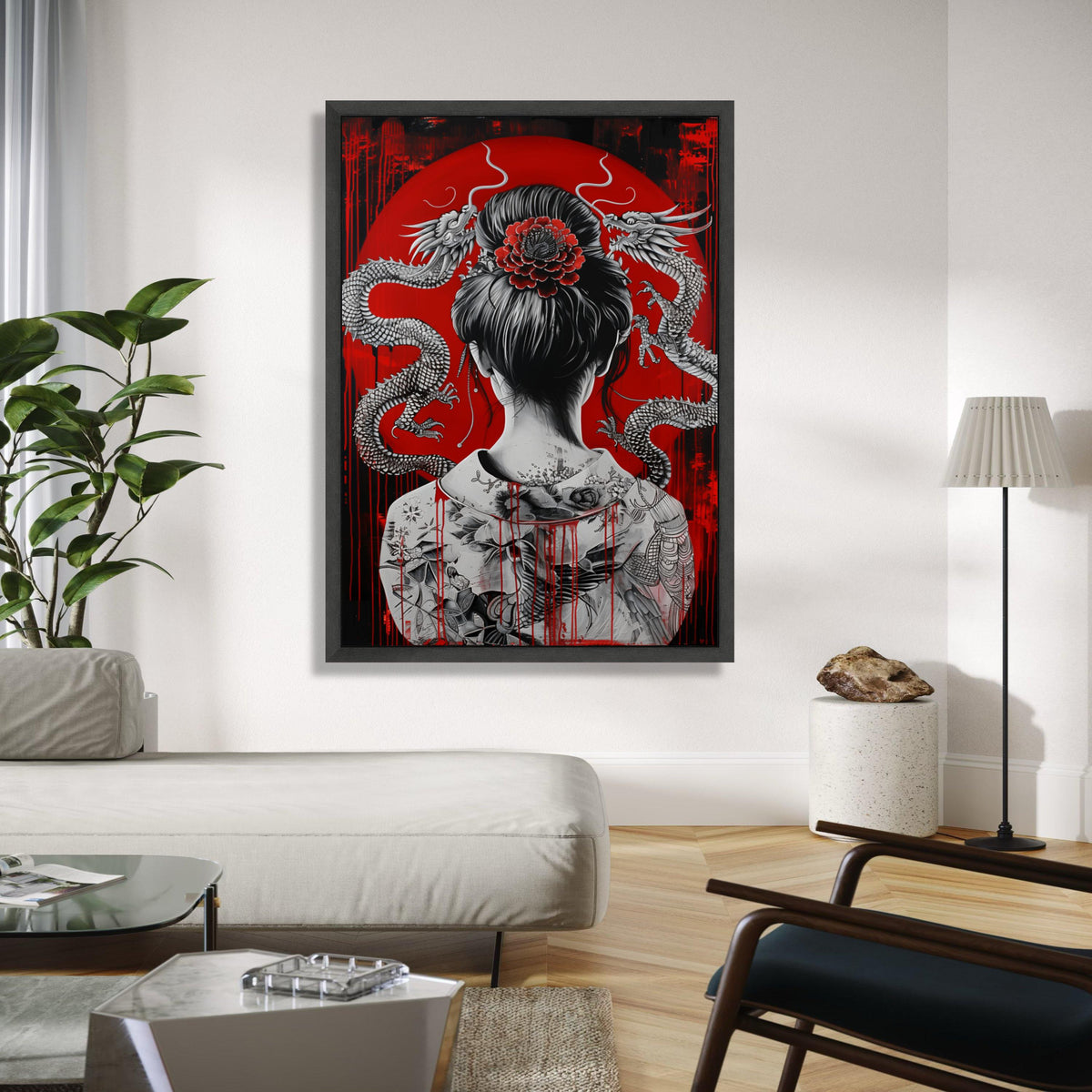 Intricate Japanese Geisha with Dragon Tattoo Canvas, Asian Art Wall Decor, Red and Black Oriental Canvas, Modern Gift Art, Home Decor, Print