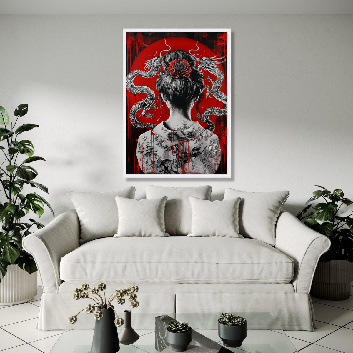 Intricate Japanese Geisha with Dragon Tattoo Canvas, Asian Art Wall Decor, Red and Black Oriental Canvas, Modern Gift Art, Home Decor, Print
