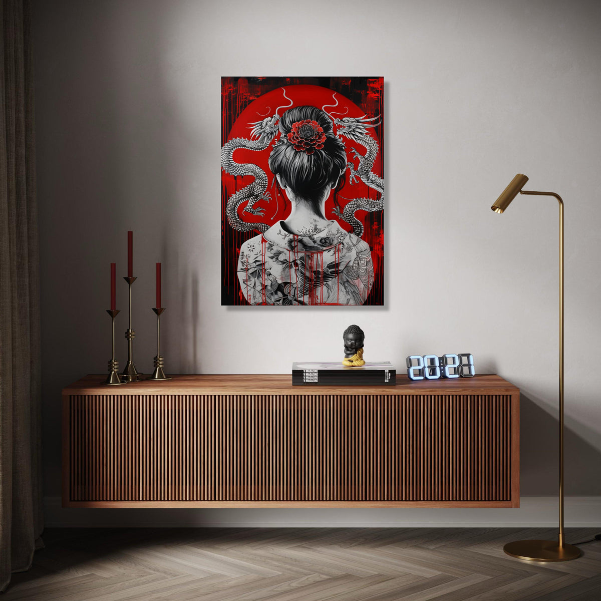 Intricate Japanese Geisha with Dragon Tattoo Canvas, Asian Art Wall Decor, Red and Black Oriental Canvas, Modern Gift Art, Home Decor, Print