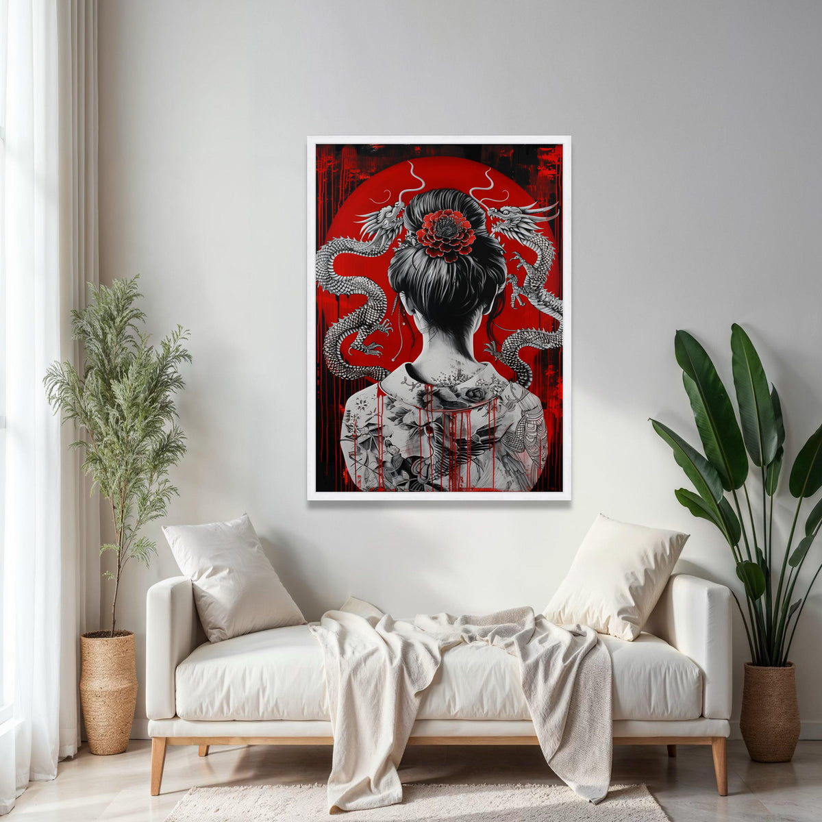 Intricate Japanese Geisha with Dragon Tattoo Canvas, Asian Art Wall Decor, Red and Black Oriental Canvas, Modern Gift Art, Home Decor, Print