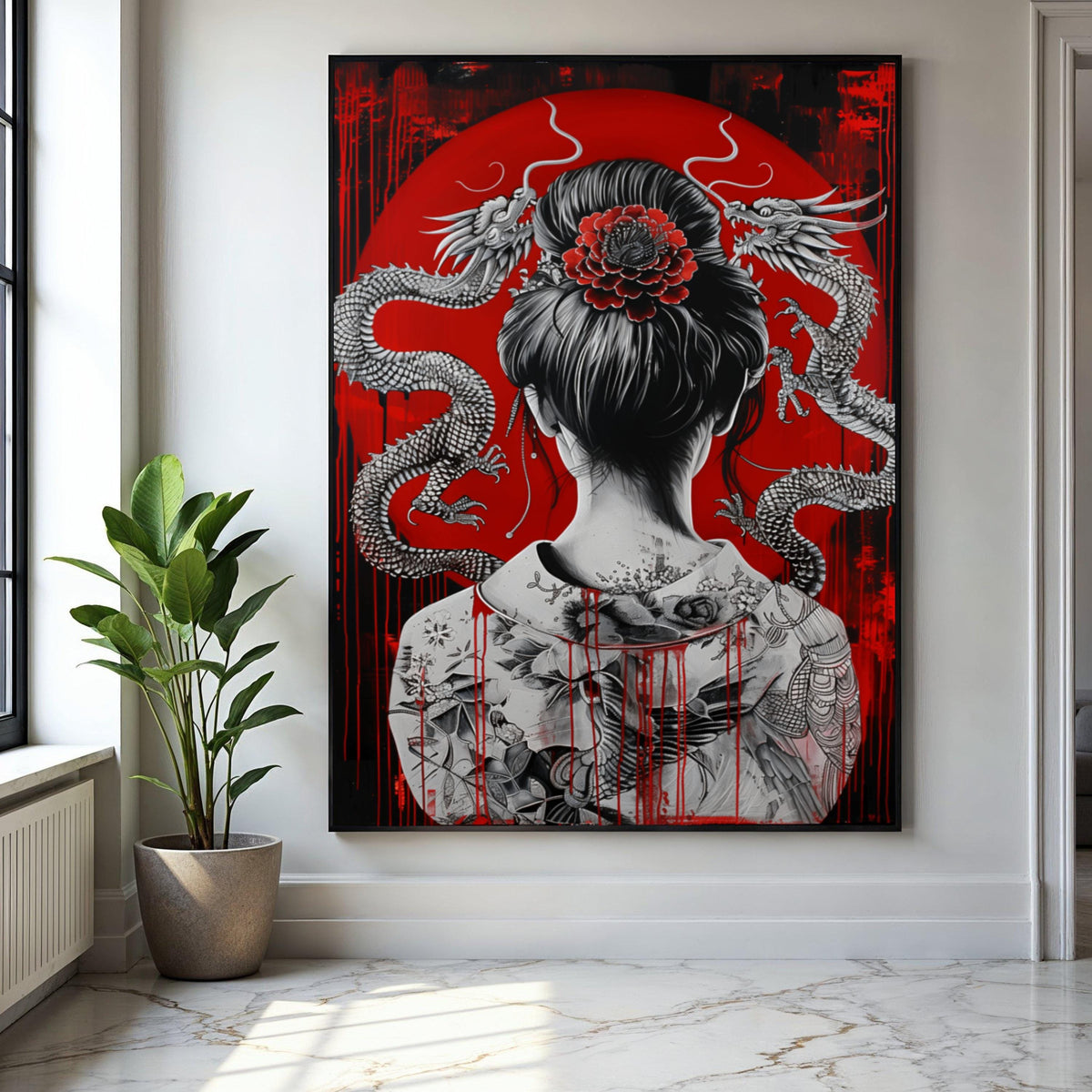Intricate Japanese Geisha with Dragon Tattoo Canvas, Asian Art Wall Decor, Red and Black Oriental Canvas, Modern Gift Art, Home Decor, Print