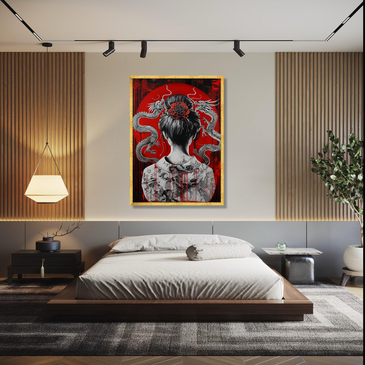 Intricate Japanese Geisha with Dragon Tattoo Canvas, Asian Art Wall Decor, Red and Black Oriental Canvas, Modern Gift Art, Home Decor, Print