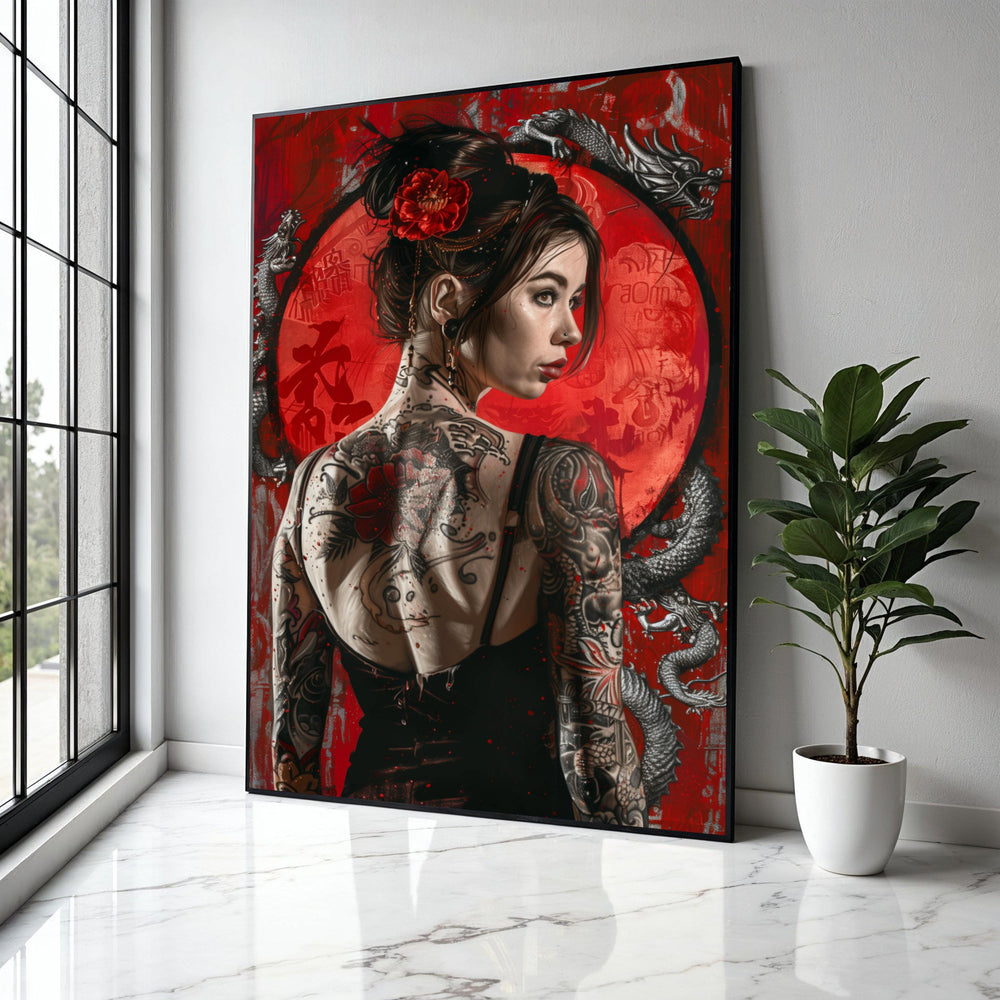 Tattooed Woman with Red Rose Hairpiece, Dragon and Asian Symbols Canvas Wall Art, Modern Japanese Style, Bold Gift Art, Home Decor, Print