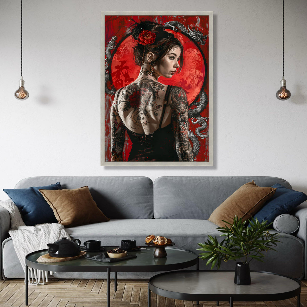 Tattooed Woman with Red Rose Hairpiece, Dragon and Asian Symbols Canvas Wall Art, Modern Japanese Style, Bold Gift Art, Home Decor, Print