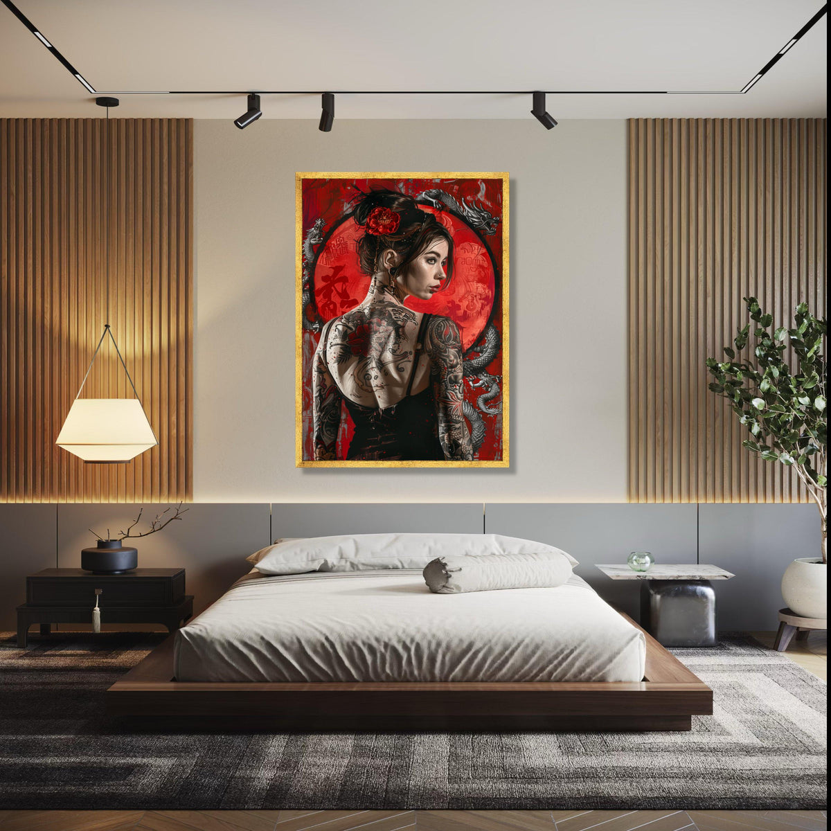 Tattooed Woman with Red Rose Hairpiece, Dragon and Asian Symbols Canvas Wall Art, Modern Japanese Style, Bold Gift Art, Home Decor, Print